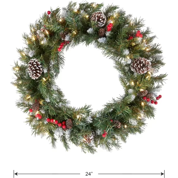 National Tree Company PreLit Artificial Christmas Wreath Green Frosted Berry White Lights Decorated with Pine Cones Berry Clusters Frosted Branches Christmas Collection 24 Inches24 Inch White