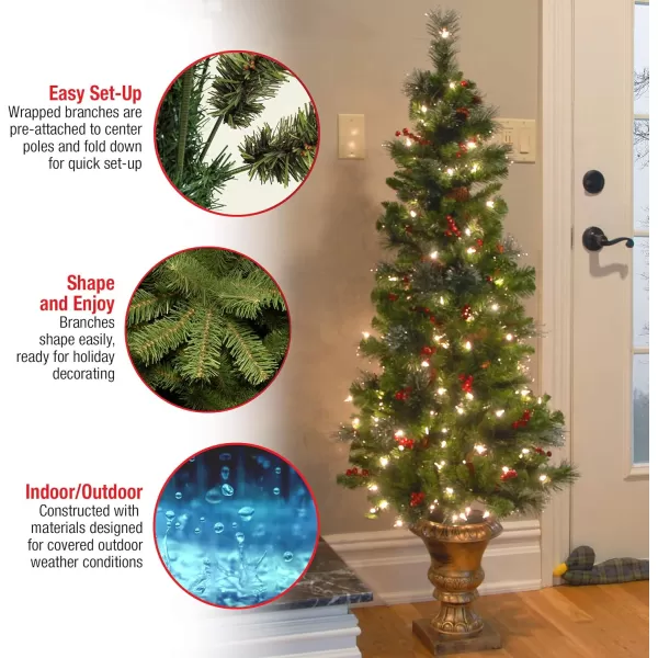 National Tree Company PreLit Artificial Entrance Christmas Tree Green Crestwood Spruce White Lights Decorated with Pine Cones Berry Clusters Frosted Branches Includes Pot Base 5 Feet5 ft Tree