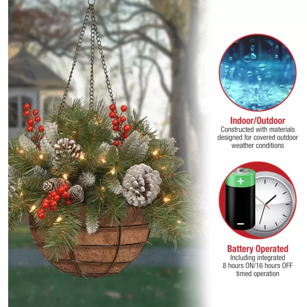 National Tree Company PreLit Artificial Hanging Basket  Decorated With Frosted Pine Cones Berry Clusters White LED Lights Christmas Collection 20 InchesTrees