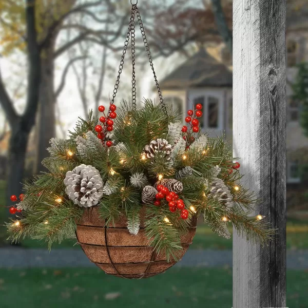 National Tree Company PreLit Artificial Hanging Basket  Decorated With Frosted Pine Cones Berry Clusters White LED Lights Christmas Collection 20 InchesTrees  Prelit Artificial Tree