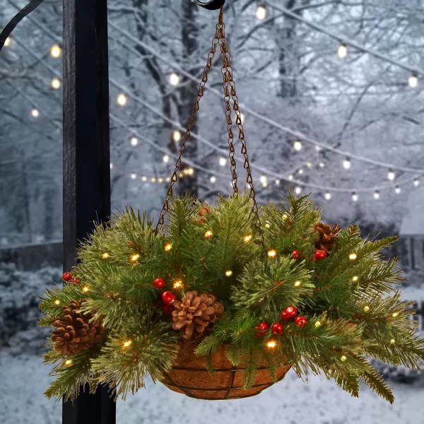 National Tree Company PreLit Feel Real Artificial Christmas Hanging Basket Colonial Decorated With Frosted Pine Cones Berry Clusters White Lights Christmas Collection 20 InchesBasket