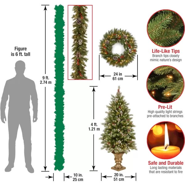 National Tree Company Prelit Holiday Christmas 5Piece Set  Wreath Set of 2 Entrance Trees and Garlands with White LightsWreaths  Crestwood Spruce  24 inch