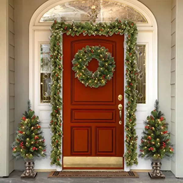 National Tree Company Prelit Holiday Christmas 5Piece Set  Wreath Set of 2 Entrance Trees and Garlands with White LightsWreaths  Crestwood Spruce  24 inch