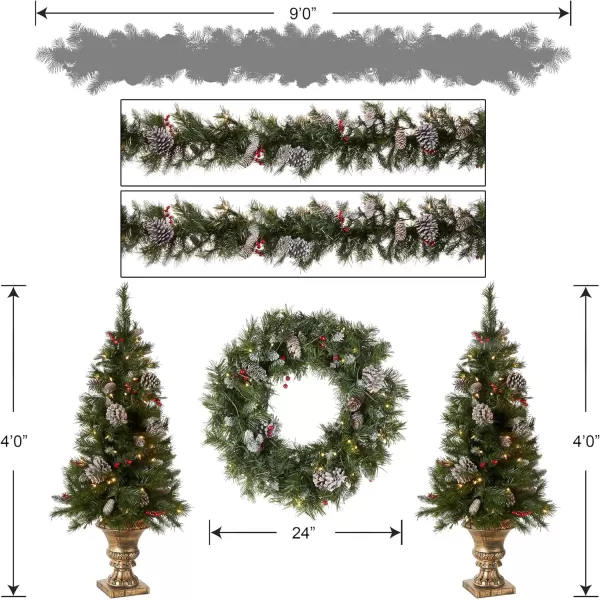 National Tree Company Prelit Holiday Christmas 5Piece Set  Wreath Set of 2 Entrance Trees and Garlands with White LightsWreaths