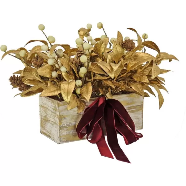 HGTV Home Collection Artificial Christmas Plant Arrangement Mixed Branch Tips Decorated with Golden Leaves Velvet Bow Berry Clusters Leafy Greens Pine Cones Includes Wooden Base 11 InchesHGTV Home Collection Artificial Christmas Plant Arrangement Mixed Branch Tips Decorated with Golden Leaves Velvet Bow Berry Clusters Leafy Greens Pine Cones Includes Wooden Base 11 Inches