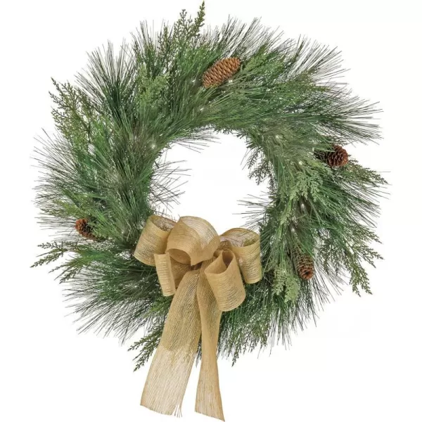 HGTV Home Collection Pre Lit Artificial Christmas Wreath Mixed Cedar and Bristle Branch Tips Decorated with Pinecones and Bow Battery Powered 22 InchesHGTV Home Collection Pre Lit Artificial Christmas Wreath Mixed Cedar and Bristle Branch Tips Decorated with Pinecones and Bow Battery Powered 22 Inches