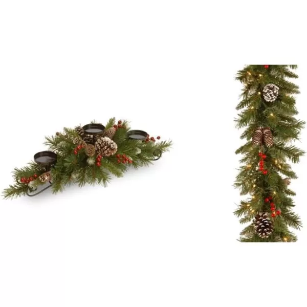 National Tree Company Artificial Christmas Centerpiece  Includes 3 Candle Holders Red Berries Pine Cones and Steal Base  Frosted Berry  30 InchCandleholder Sets  Garlands Green