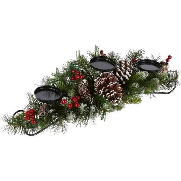 National Tree Company Artificial Christmas Centerpiece  Includes 3 Candle Holders Red Berries Pine Cones and Steal Base  Frosted Berry  30 InchCandleholder Sets