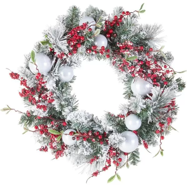 National Tree Company Artificial Christmas Wreath Green Evergreen Decorated with Frosted Branches Ball Ornaments Berry Clusters Christmas Collection 24 Inches24 Inch Red  White  Green