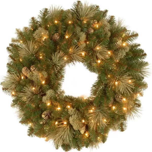 National Tree Company PreLit Artificial Christmas Wreath Green Carolina Pine White Lights Decorated with Pine Cones Christmas Collection 24 Inches24 in Battery Operated