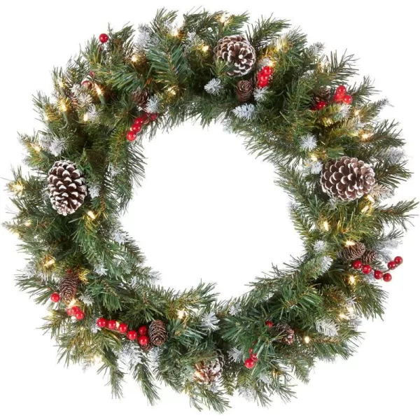 National Tree Company PreLit Artificial Christmas Wreath Green Frosted Berry White Lights Decorated with Pine Cones Berry Clusters Frosted Branches Christmas Collection 24 Inches24 Inch White