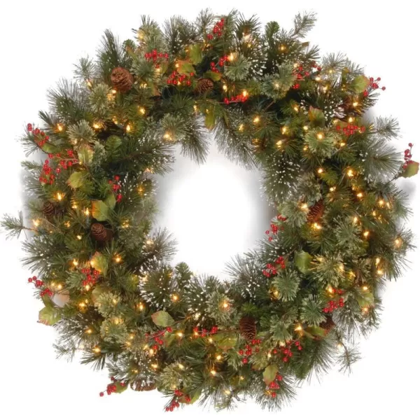 National Tree Company PreLit Artificial Christmas Wreath Green Wintry Pine White Lights Decorated with Pine Cones Berry Clusters Frosted Branches Christmas Collection 60 Inches36 in Wreath