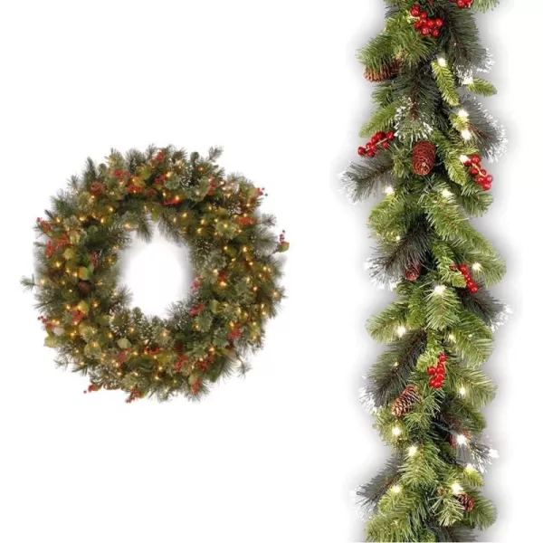 National Tree Company PreLit Artificial Christmas Wreath Green Wintry Pine White Lights Decorated with Pine Cones Berry Clusters Frosted Branches Christmas Collection 60 Inches36 in Wreath  Christmas Garland Green