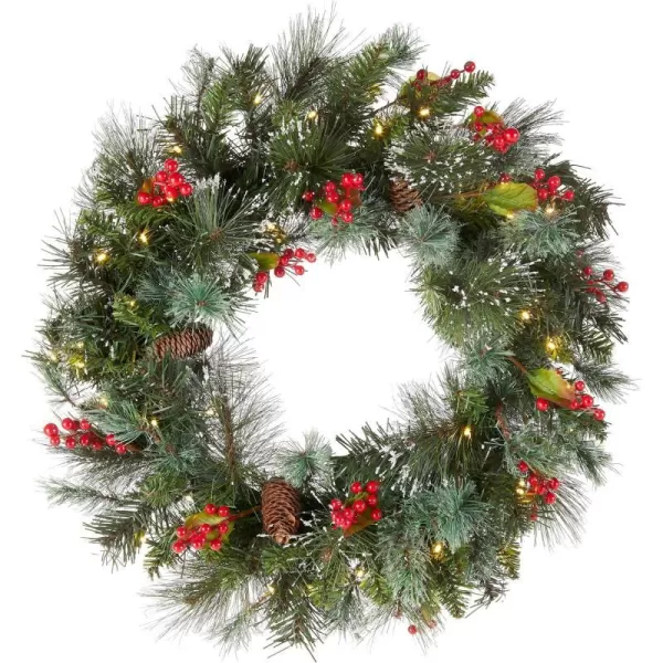 National Tree Company PreLit Artificial Christmas Wreath Green Wintry Pine White Lights Decorated with Pine Cones Berry Clusters Frosted Branches Christmas Collection 60 Inches24 in w Battery Operated Wreath