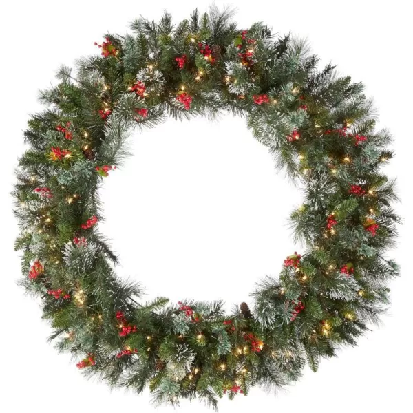 National Tree Company PreLit Artificial Christmas Wreath Green Wintry Pine White Lights Decorated with Pine Cones Berry Clusters Frosted Branches Christmas Collection 60 Inches48 in Wreath