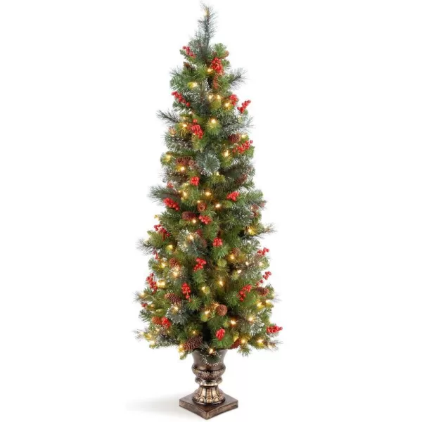 National Tree Company PreLit Artificial Entrance Christmas Tree Green Crestwood Spruce White Lights Decorated with Pine Cones Berry Clusters Frosted Branches Includes Pot Base 5 Feet5 ft Tree