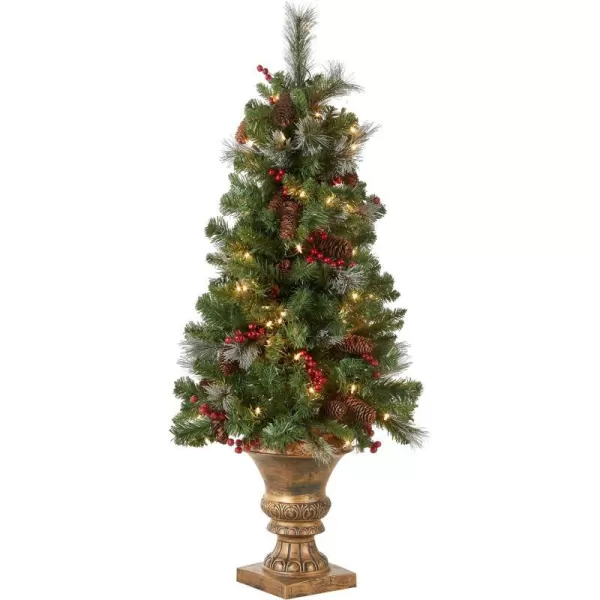 National Tree Company PreLit Artificial Entrance Christmas Tree Green Crestwood Spruce White Lights Decorated with Pine Cones Berry Clusters Frosted Branches Includes Pot Base 5 Feet4 ft Tree