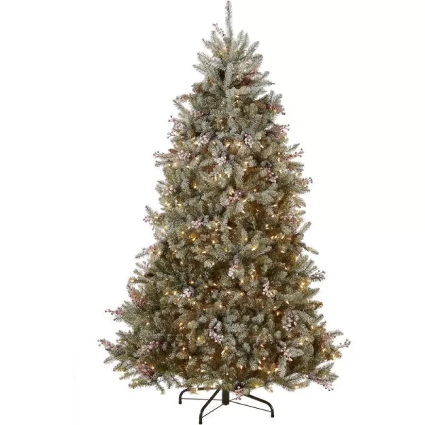 National Tree Company PreLit Artificial Full Christmas Tree Green Dunhill Fir White Lights Decorated with Pine Cones Berry Clusters Frosted Branches Includes Stand 7 Feet70 ft