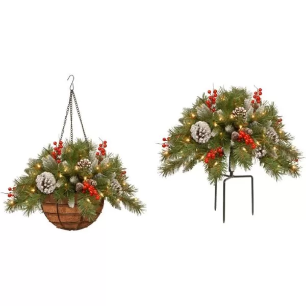 National Tree Company PreLit Artificial Hanging Basket  Decorated With Frosted Pine Cones Berry Clusters White LED Lights Christmas Collection 20 InchesTrees  National Tree 18 Inch