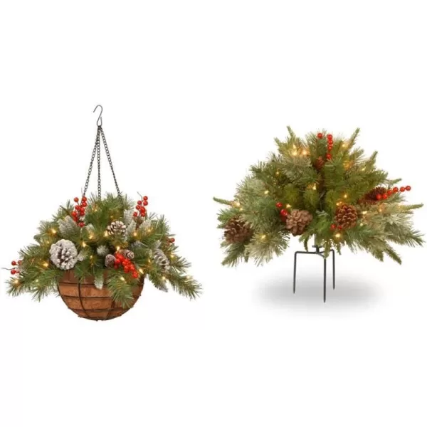 National Tree Company PreLit Artificial Hanging Basket  Decorated With Frosted Pine Cones Berry Clusters White LED Lights Christmas Collection 20 InchesTrees  Prelit Artificial Tree