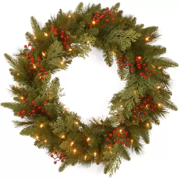 National Tree Company PreLit Feel Real Artificial Christmas Wreath Green Classical White Lights Decorated with Berry Clusters Christmas Collection 24 InchesNational Tree Company PreLit Feel Real Artificial Christmas Wreath Green Classical White Lights Decorated with Berry Clusters Christmas Collection 24 Inches