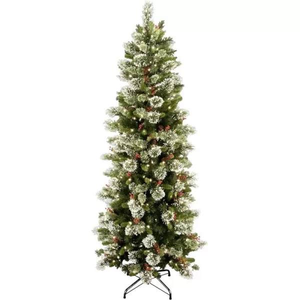 National Tree Company Prelit Artificial Christmas Tree  Includes Prestrung White Lights and Stand  Flocked with Cones Red Berries and Snowflakes  Wintry Pine Slim  75 ft75 ft Slim Christmas Tree