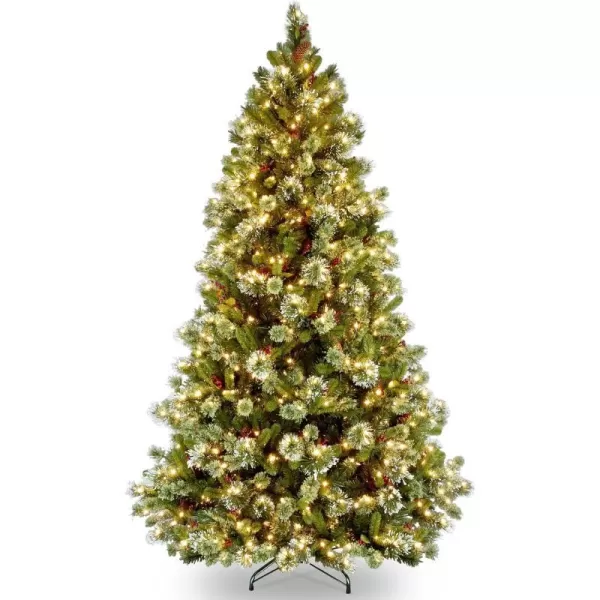 National Tree Company Prelit Artificial Christmas Tree  Includes Prestrung White Lights and Stand  Flocked with Cones Red Berries and Snowflakes  Wintry Pine Slim  75 ft75 ft Medium Christmas Tree