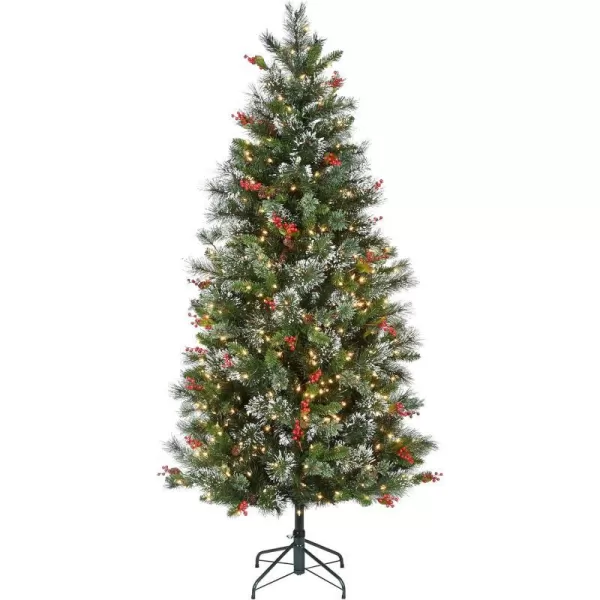 National Tree Company Prelit Artificial Christmas Tree  Includes Prestrung White Lights and Stand  Flocked with Cones Red Berries and Snowflakes  Wintry Pine Slim  75 ft65 ft Medium Christmas Tree