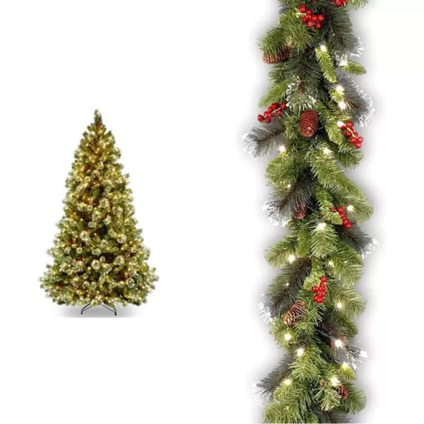 National Tree Company Prelit Artificial Christmas Tree  Includes Prestrung White Lights and Stand  Flocked with Cones Red Berries and Snowflakes  Wintry Pine Slim  75 ft75 ft Medium Christmas Tree  Garland Crestwood Spruce