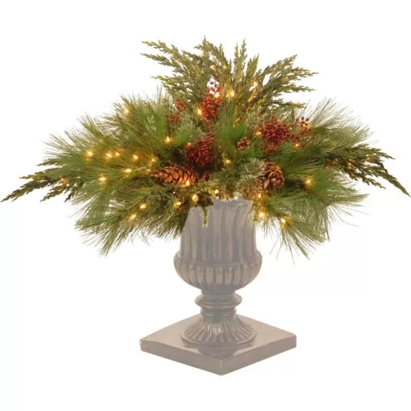 National Tree Company Prelit Artificial Christmas Urn Filler  Flocked with Mixed Decorations and Prestrung LED White Lights with Stand  Decorative Collection  30 Inch30Inch Urn Filler with Red Berries Cones and 135 Clear Lights