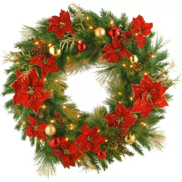 National Tree Company Prelit Artificial Christmas Wreath Collection Flocked with Mixed Decorations and White Lights 36 Inch Home Spun36 Inch Home Spun Wreath with 100 Clear Lights