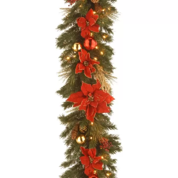 National Tree Company Prelit Artificial Christmas Wreath Collection Flocked with Mixed Decorations and White Lights 36 Inch Home Spun9Foot x 12Inch Home Spun Garland with Gold Twigs Red Berries Poinsettia and 100 Clear Lights