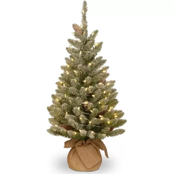 National Tree Company Prelit Artificial Mini Christmas Tree  Includes Small White LED Lights and Cloth Bag Base  Snowy Concolor Fir Burlap  3 ft BrownGreenTree