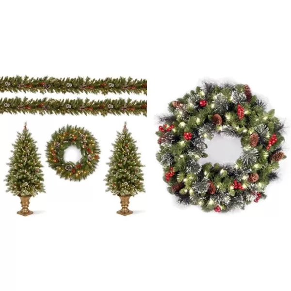 National Tree Company Prelit Holiday Christmas 5Piece Set  Wreath Set of 2 Entrance Trees and Garlands with White LightsWreaths  Crestwood Spruce  24 inch