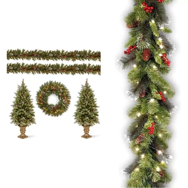 National Tree Company Prelit Holiday Christmas 5Piece Set  Wreath Set of 2 Entrance Trees and Garlands with White LightsWreaths  Garland Crestwood Spruce