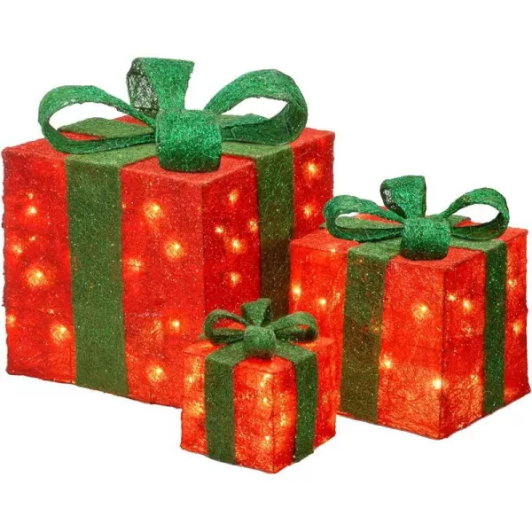 National Tree Set of 3 Assorted Red Sisal Gift Boxes with Green Bow and Clear Lights MZGBASST12L1Red