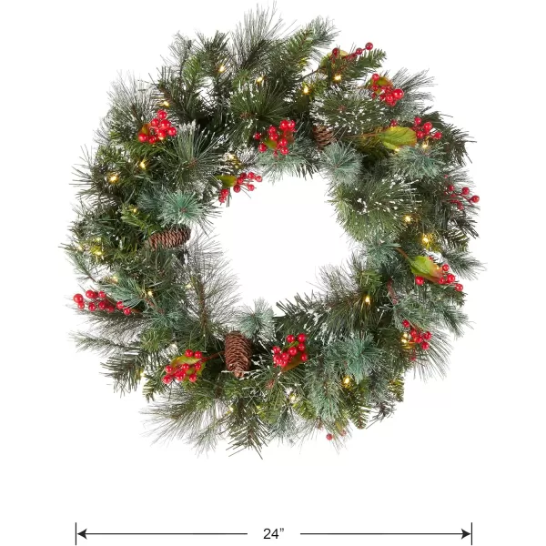 imageNational Tree Company PreLit Artificial Christmas Wreath Green Wintry Pine White Lights Decorated with Pine Cones Berry Clusters Frosted Branches Christmas Collection 24 Inches24 in w Battery Operated