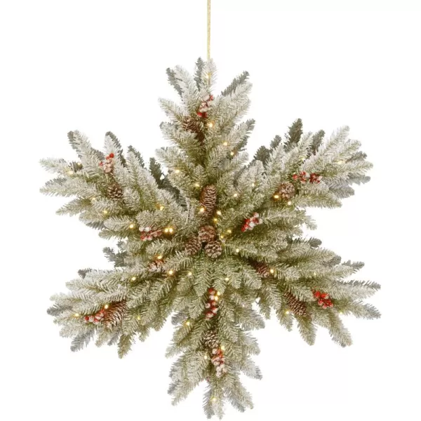 imageNational Tree Company PreLit Artificial Christmas Hanging Snowflake Green Dunhill Fir Decorated with Pine Cones Berry Clusters Frosted Branches Christmas Collection 32 Inches