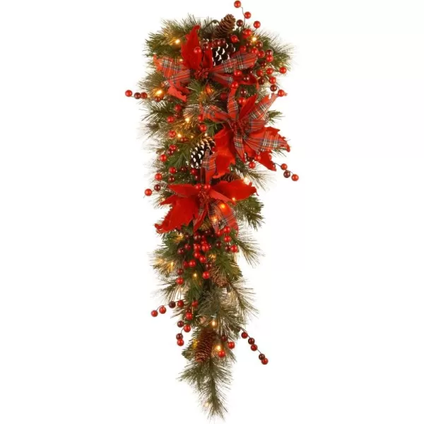 imageNational Tree Company PreLit Artificial Christmas Teardrop Green Evergreen White Lights Decorated with Red Ball Ornaments Pine Cones Berry Clusters Ribbon Christmas Collection 36 Inches3 ft