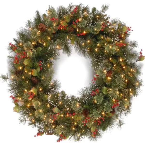 imageNational Tree Company PreLit Artificial Christmas Wreath Green Wintry Pine White Lights Decorated with Pine Cones Berry Clusters Frosted Branches Christmas Collection 24 Inches36 in