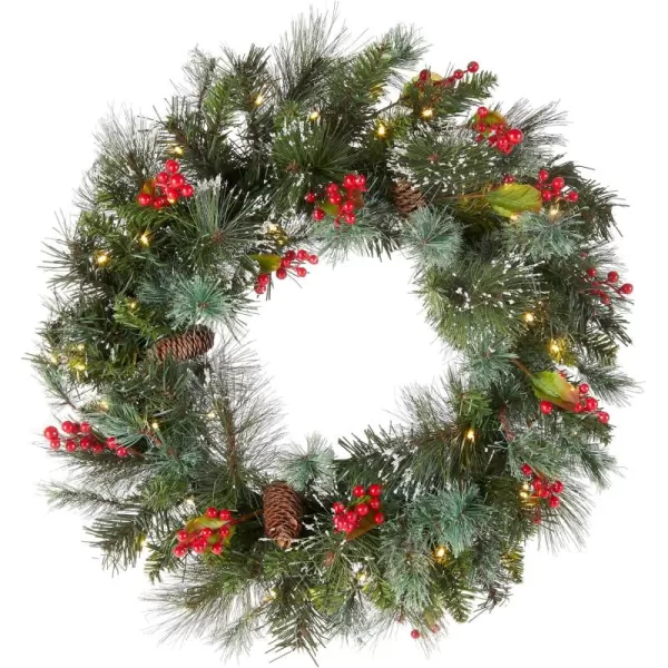 imageNational Tree Company PreLit Artificial Christmas Wreath Green Wintry Pine White Lights Decorated with Pine Cones Berry Clusters Frosted Branches Christmas Collection 24 Inches24 in w Battery Operated