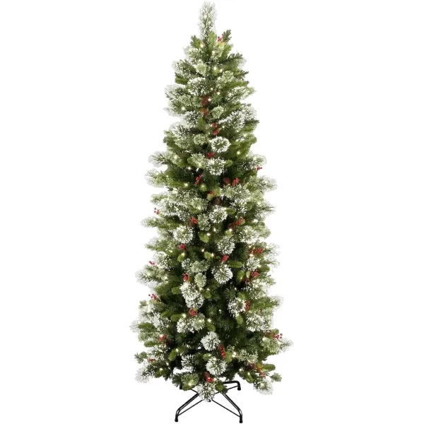 imageNational Tree Company Prelit Artificial Christmas Tree  Includes Prestrung White Lights and Stand  Flocked with Cones Red Berries and Snowflakes  Wintry Pine Slim  75 ft75 ft