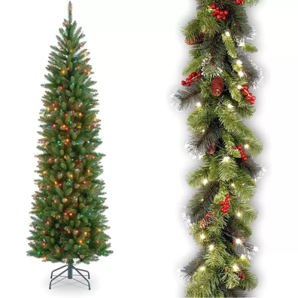 imageNational Tree Company Artificial PreLit Slim Christmas Tree Green Kingswood Fir Multicolor Lights Includes Stand 7 FeetKingswood Fir Slim65 ft