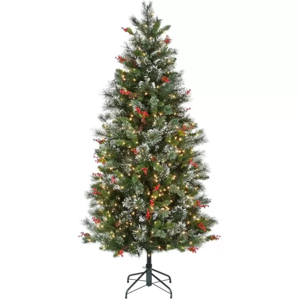 imageNational Tree Company Prelit Artificial Christmas Tree  Includes Prestrung White Lights and Stand  Flocked with Cones Red Berries and Snowflakes  Wintry Pine Slim  75 ft65 ft