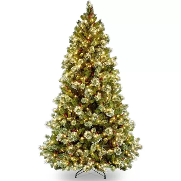 imageNational Tree Company Prelit Artificial Christmas Tree  Includes Prestrung White Lights and Stand  Flocked with Cones Red Berries and Snowflakes  Wintry Pine Slim  75 ft75 ft