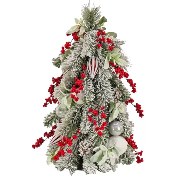 imageHGTV Home Collection Artificial Topiary Christmas Tree Evergreen and Bristle Branch Tips Decorated with Red Berry Clusters Ball Ornaments Nostalgic Traditions 26 Inches