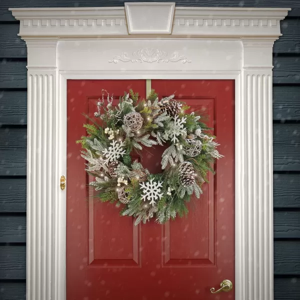 imageHGTV Home Collection Pre Lit Artificial Christmas Wreath Mixed Branch Tips Decorated with Pinecones Berries Snowflakes and Ornaments Battery Powered 28 Inches