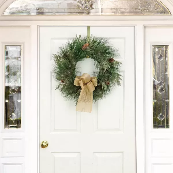 imageHGTV Home Collection Pre Lit Artificial Christmas Wreath Mixed Cedar and Bristle Branch Tips Decorated with Pinecones and Bow Battery Powered 22 Inches