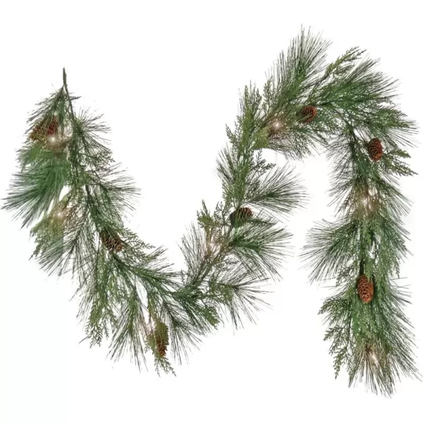 imageHGTV Home Collection Pre Lit Artificial Christmas Garland Mixed Cedar and Bristle Branch Tips Decorated with Pinecones Battery Powered 6 Feet