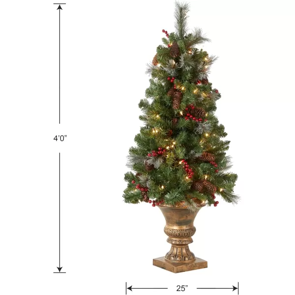 imageNational Tree Company PreLit Artificial Mini Christmas Tree Green Crestwood Spruce White Lights Decorated with Pine Cones Berry Clusters Frosted Branches Includes Pot Base 4 Feet4 ft